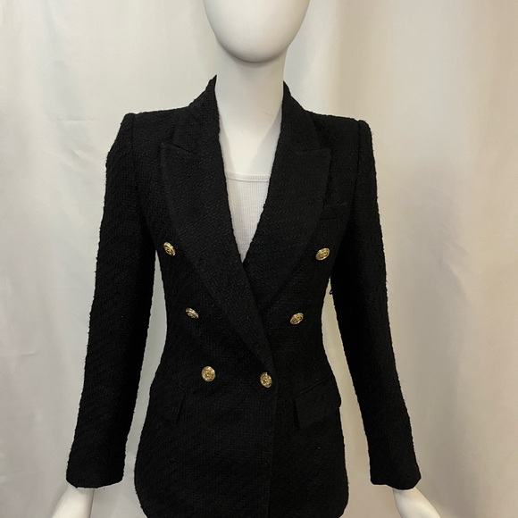 ZARA Black Tweed Double-Breasted Blazer With Gold Hardware Buttons – Size XS - Picture 4 of 8